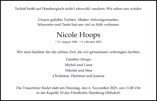 Traueranzeige von Nicole Hoops von Hamburger Abendblatt