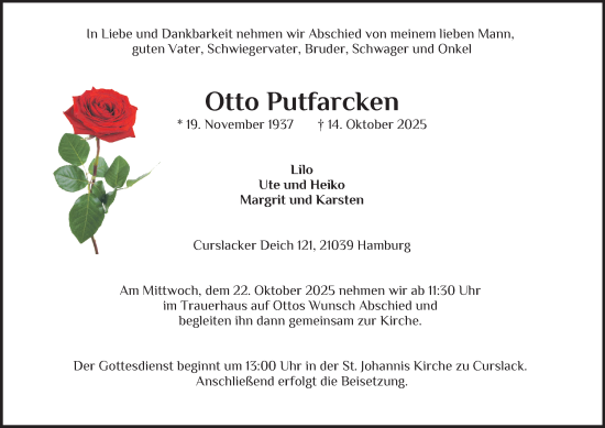 Traueranzeige von Otto Putfarcken von Bergedorfer Zeitung