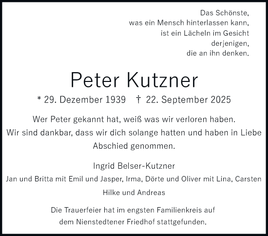 Traueranzeige von Peter Kutzner von Hamburger Abendblatt