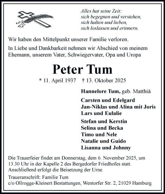 Traueranzeige von Peter Tum von Bergedorfer Zeitung