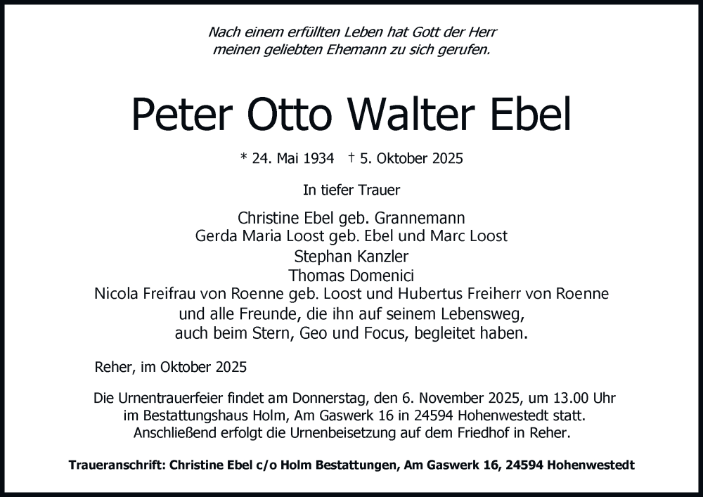  Traueranzeige für Peter Otto Walter Ebel vom 25.10.2025 aus Hamburger Abendblatt