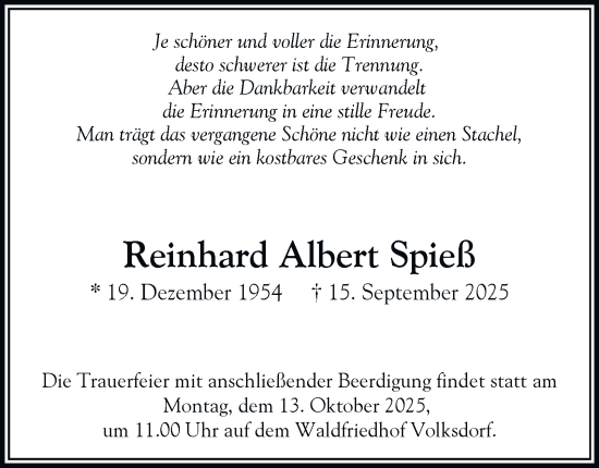 Traueranzeige von Reinhard Albert Spieß von Hamburger Abendblatt