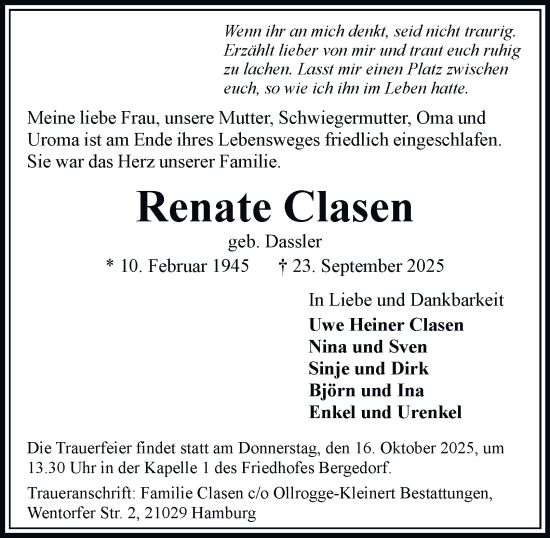 Traueranzeige von Renate Clasen von Bergedorfer Zeitung