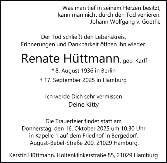 Traueranzeige von Renate Hüttmann von Bergedorfer Zeitung