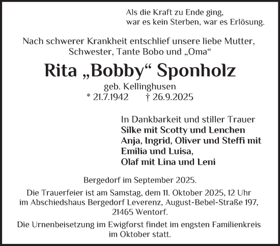 Traueranzeige von Rita Sponholz von Bergedorfer Zeitung