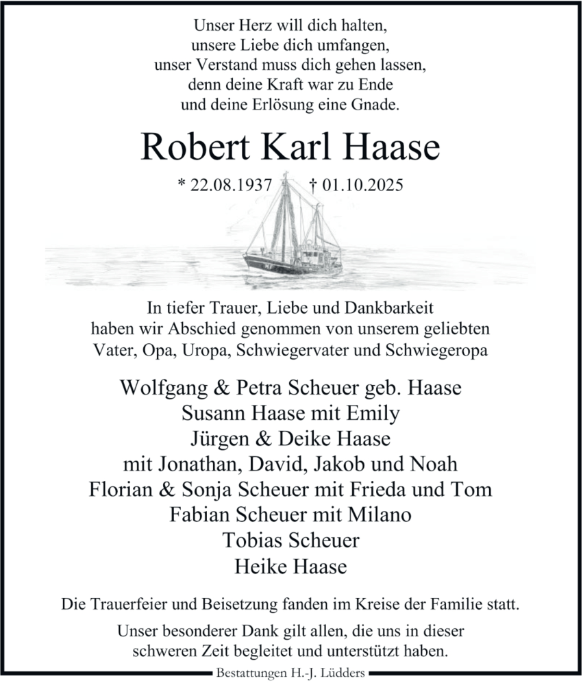  Traueranzeige für Robert Karl Haase vom 18.10.2025 aus 