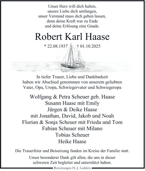 Traueranzeige von Robert Karl Haase 