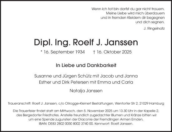 Traueranzeige von Roelf J. Janssen von Hamburger Abendblatt