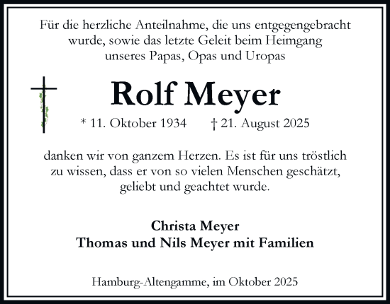 Traueranzeige von Rolf Meyer von Bergedorfer Zeitung