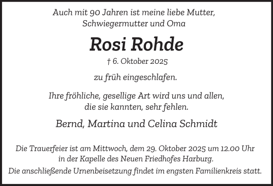 Traueranzeige von Rosi Rohde 