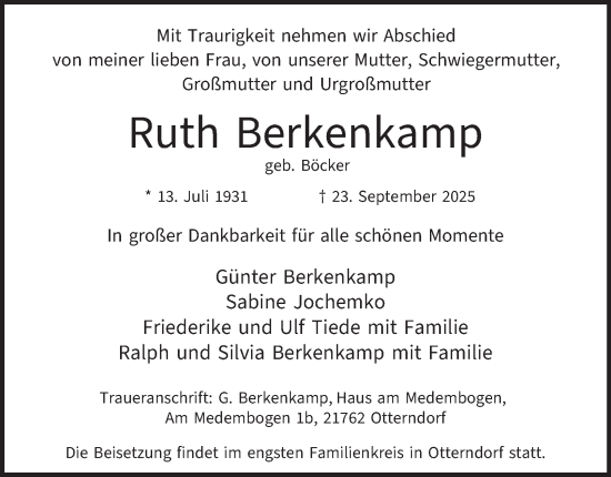 Traueranzeige von Ruth Berkenkamp 