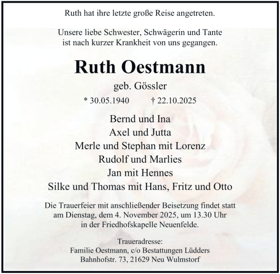 Traueranzeige von Ruth Oestmann von Hamburger Abendblatt