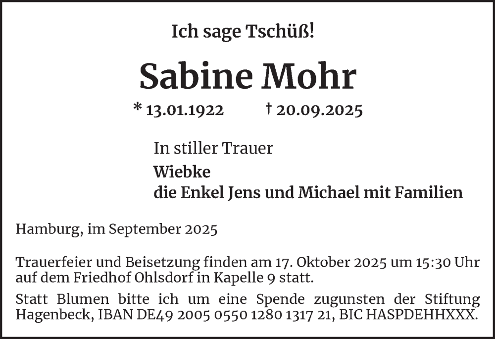  Traueranzeige für Sabine Mohr vom 04.10.2025 aus Hamburger Abendblatt