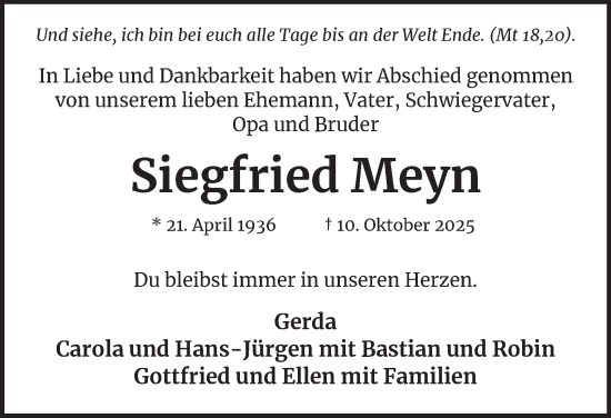 Traueranzeige von Siegfried Meyn von Hamburger Abendblatt