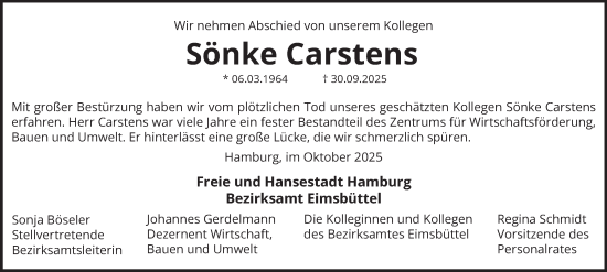 Traueranzeige von Sönke Carstens von Hamburger Abendblatt