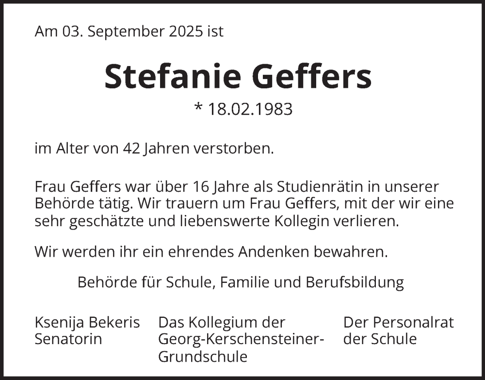  Traueranzeige für Stefanie Geffers vom 04.10.2025 aus Hamburger Abendblatt