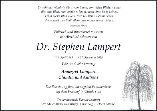 Traueranzeige von Stephen Lampert von Hamburger Abendblatt