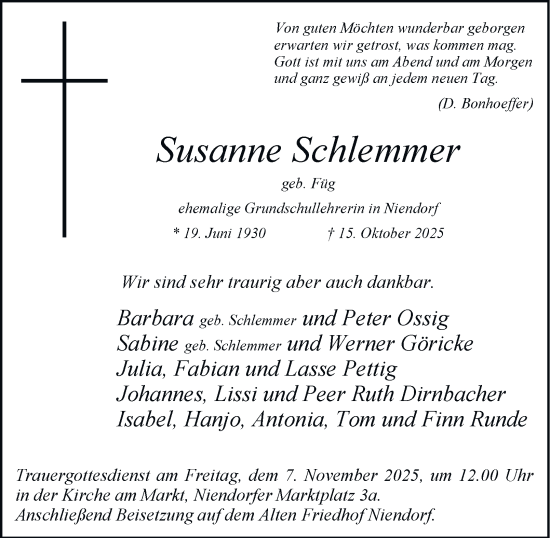 Traueranzeige von Susanne Schlemmer 