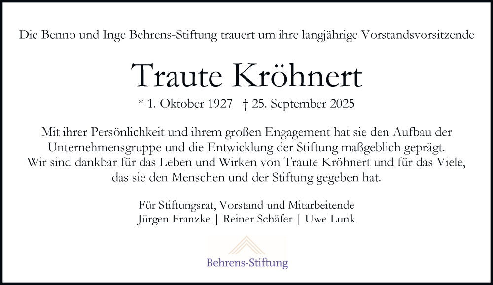  Traueranzeige für Traute Kröhnert vom 11.10.2025 aus Hamburger Abendblatt