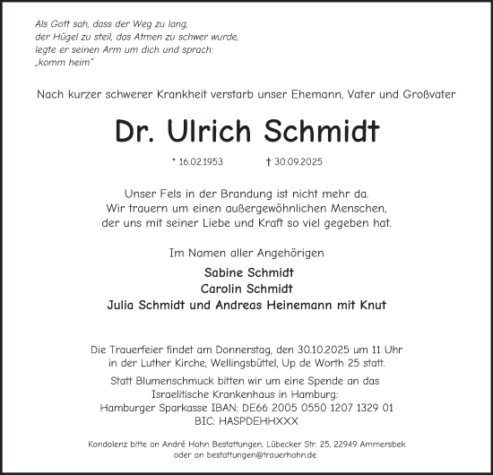 Traueranzeige von Ulrich Schmidt von Hamburger Abendblatt