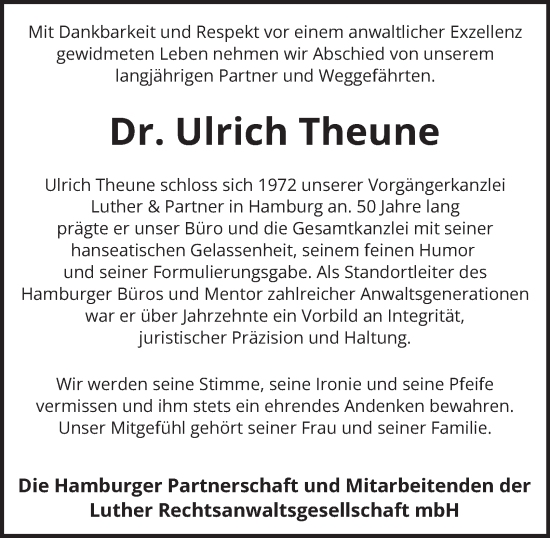 Traueranzeige von Ulrich Theune von Hamburger Abendblatt