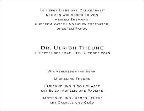 Traueranzeige von Ulrich Theune von Hamburger Abendblatt