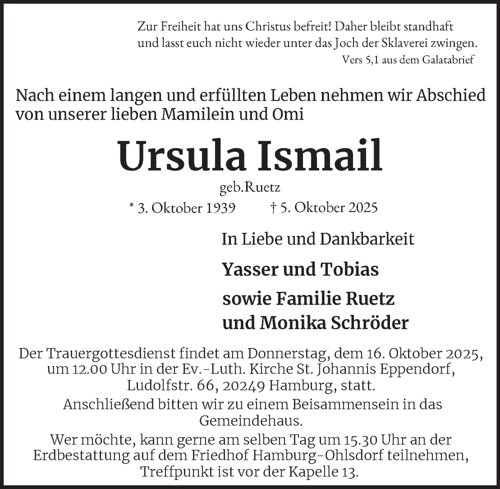 Traueranzeige für Ursula Ismail vom 11.10.2025 aus Hamburger Abendblatt