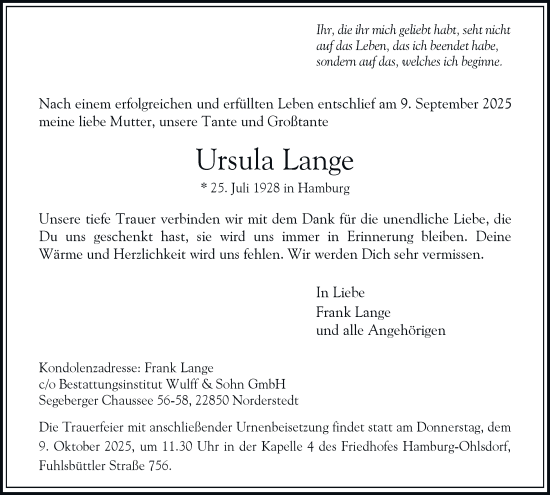 Traueranzeige von Ursula Lange 