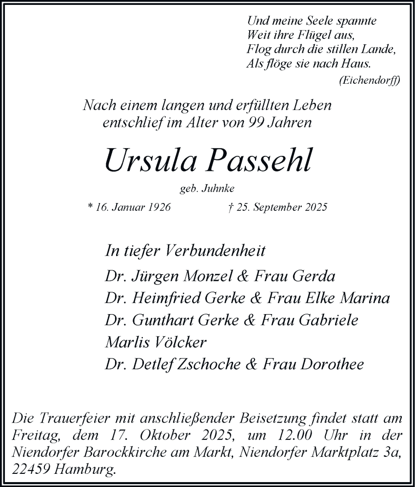  Traueranzeige für Ursula Passehl vom 11.10.2025 aus Hamburger Abendblatt