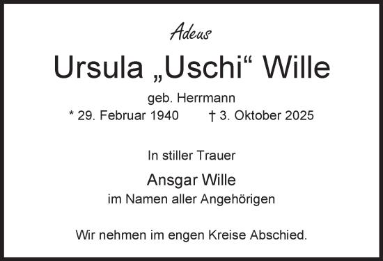 Traueranzeige von Ursula Wille von Hamburger Abendblatt