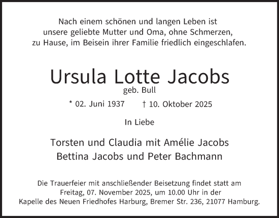 Traueranzeige von Ursula Lotte Jacobs 