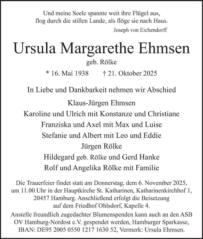  Traueranzeige für Ursula Margarethe Ehmsen vom 01.11.2025 aus Hamburger Abendblatt