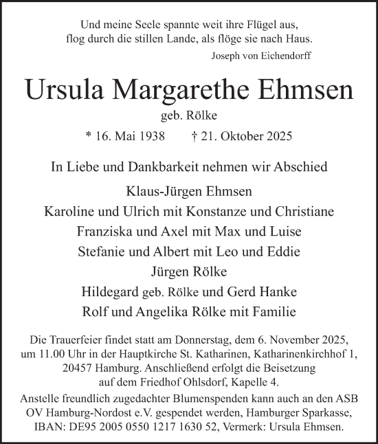 Traueranzeige von Ursula Margarethe Ehmsen von Hamburger Abendblatt