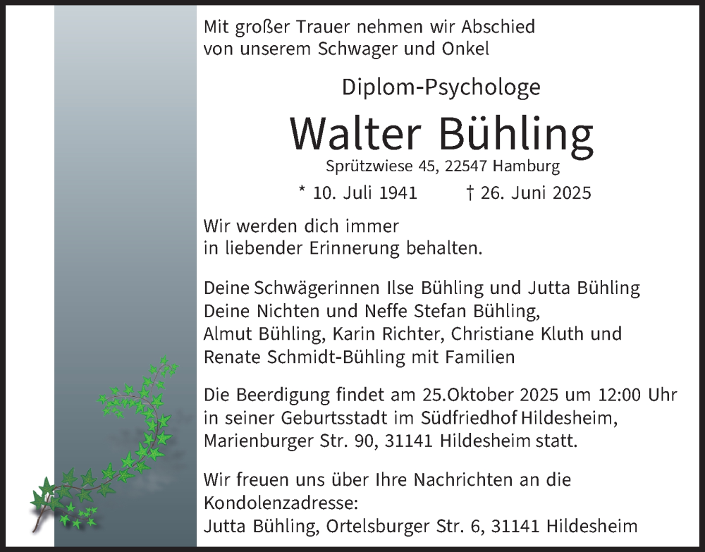  Traueranzeige für Walter Bühling vom 04.10.2025 aus Hamburger Abendblatt