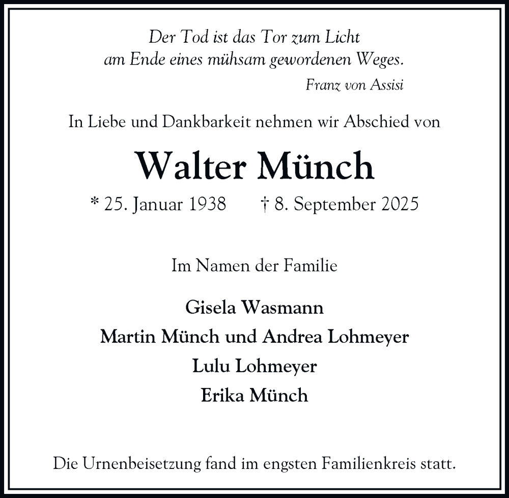  Traueranzeige für Walter Münch vom 04.10.2025 aus Hamburger Abendblatt
