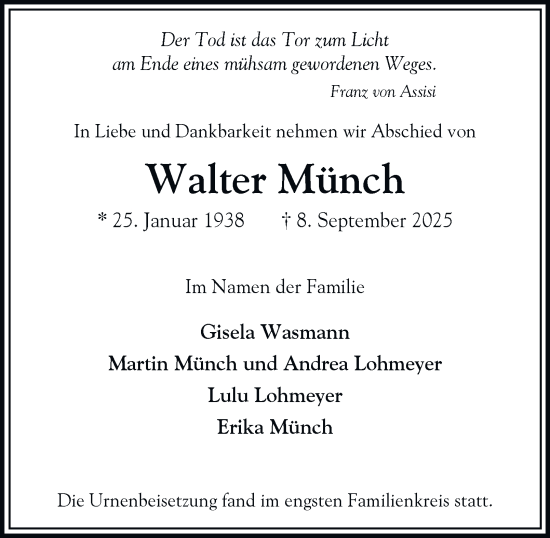 Traueranzeige von Walter Münch von Hamburger Abendblatt