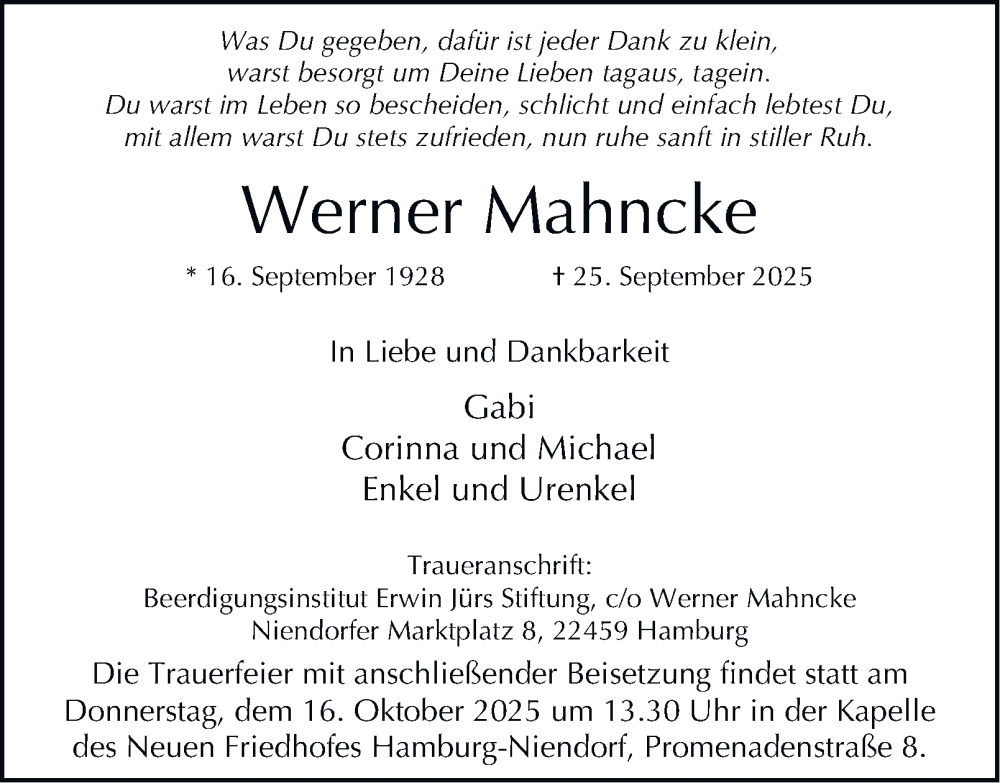  Traueranzeige für Werner Mahncke vom 11.10.2025 aus 