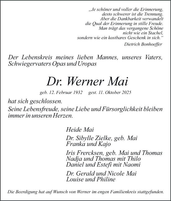 Traueranzeige von Werner Mai von Hamburger Abendblatt