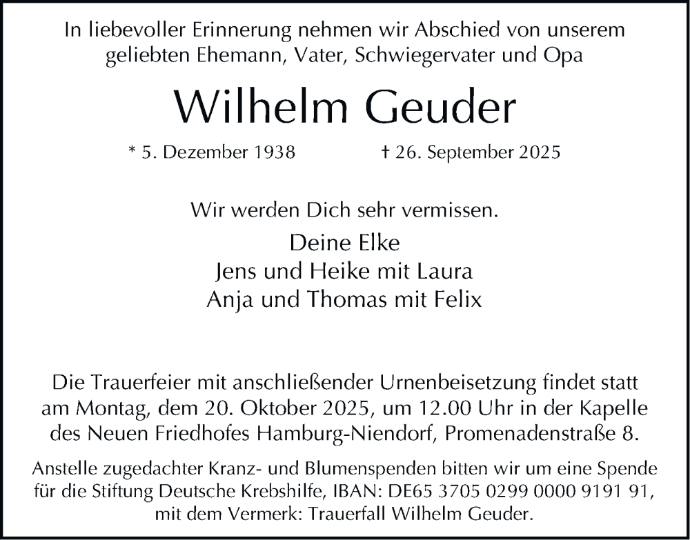  Traueranzeige für Wilhelm Geuder vom 11.10.2025 aus 