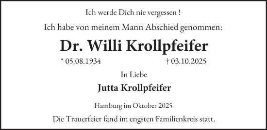 Traueranzeige von Willi Krollpfeifer von Hamburger Abendblatt