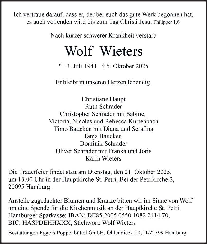  Traueranzeige für Wolf Wieters vom 11.10.2025 aus Hamburger Abendblatt