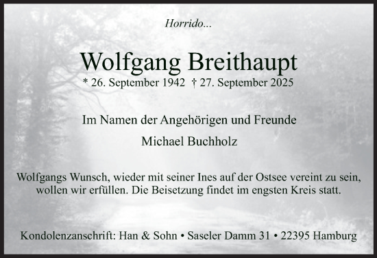 Traueranzeige von Wolfgang Breithaupt von Hamburger Abendblatt
