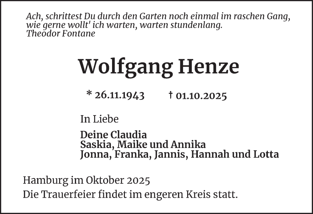 Traueranzeige für Wolfgang Henze vom 11.10.2025 aus Hamburger Abendblatt