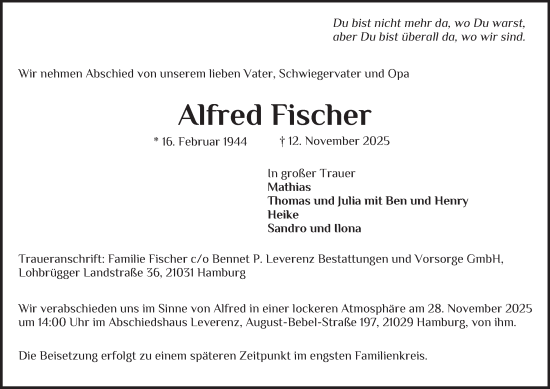 Traueranzeige von Alfred Fischer 