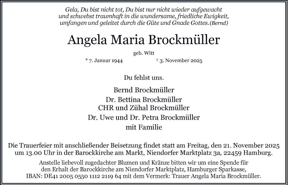  Traueranzeige für Angela Maria Brockmüller vom 15.11.2025 aus Hamburger Abendblatt