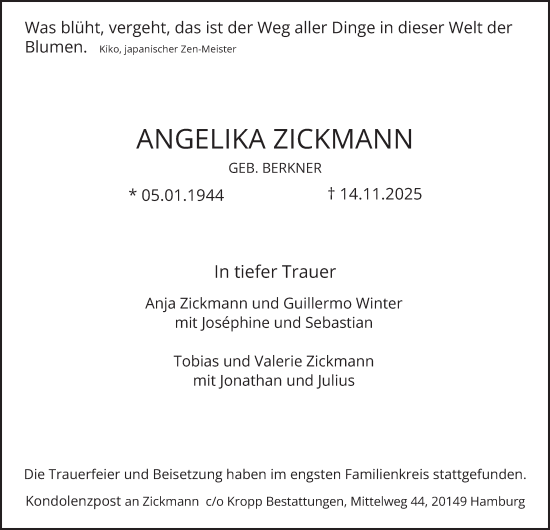 Traueranzeige von Angelika Zickmann von Hamburger Abendblatt