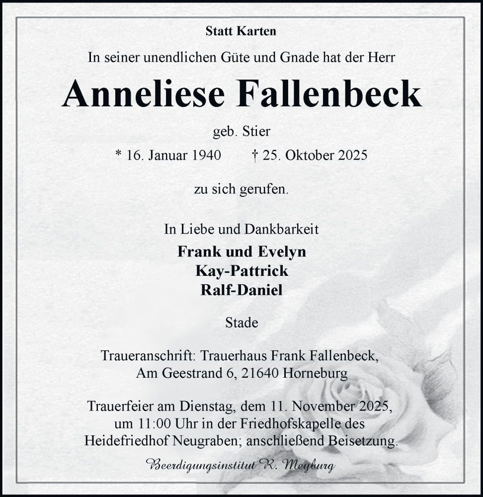  Traueranzeige für Anneliese Fallenbeck vom 08.11.2025 aus 