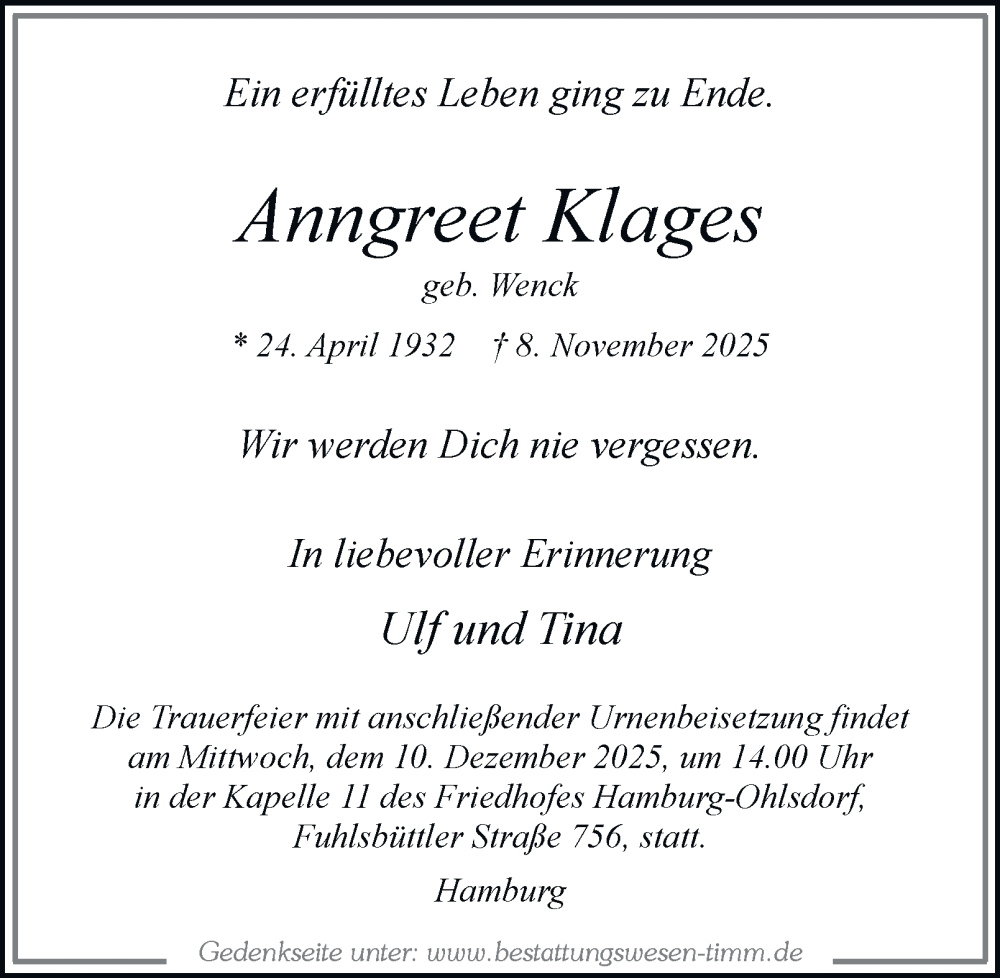  Traueranzeige für Anngreet Klages vom 29.11.2025 aus Hamburger Abendblatt