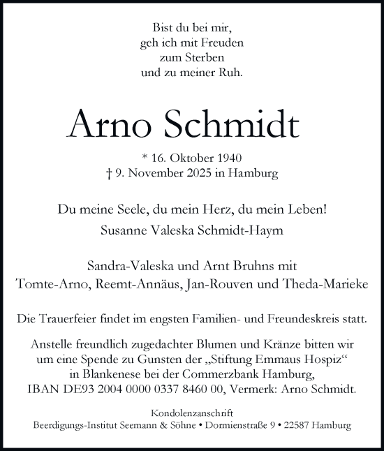 Traueranzeige von Arno Schmidt von Hamburger Abendblatt