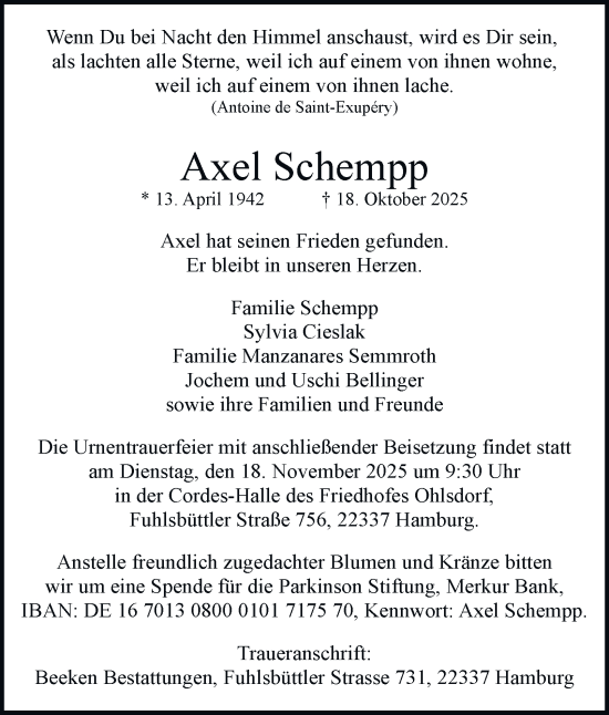 Traueranzeige von Axel Schempp von Hamburger Abendblatt
